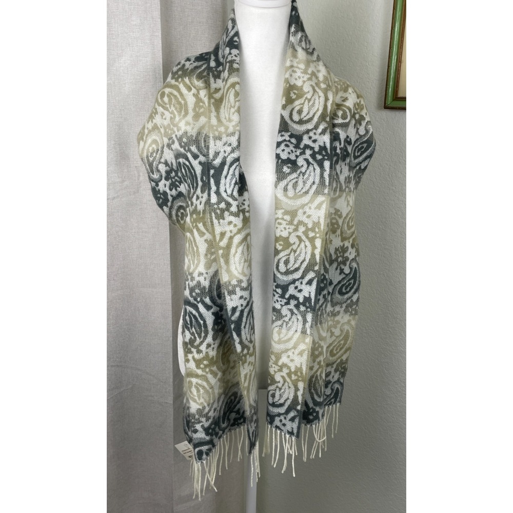 Cashmere Pashmina Scarf Fringe Ivory Green Paisley Made Scotland Old‎ Money NWT